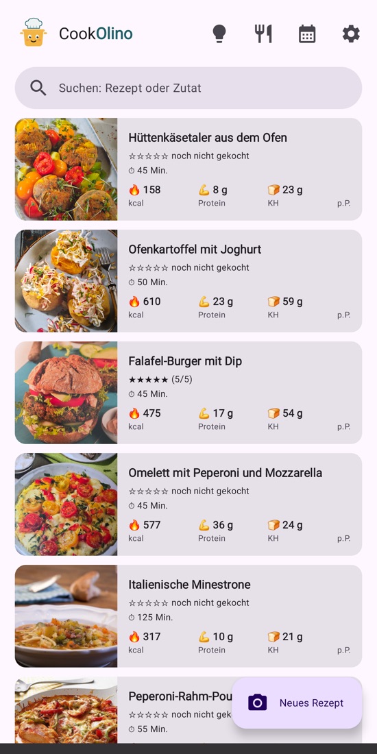 CookOlino: Rezeptliste mit Fotos, Kochzeit und Nährwerten