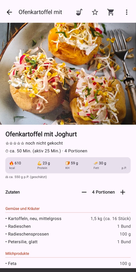 Rezeptansicht mit Foto, Nährwerten und Zutaten nach Gruppen