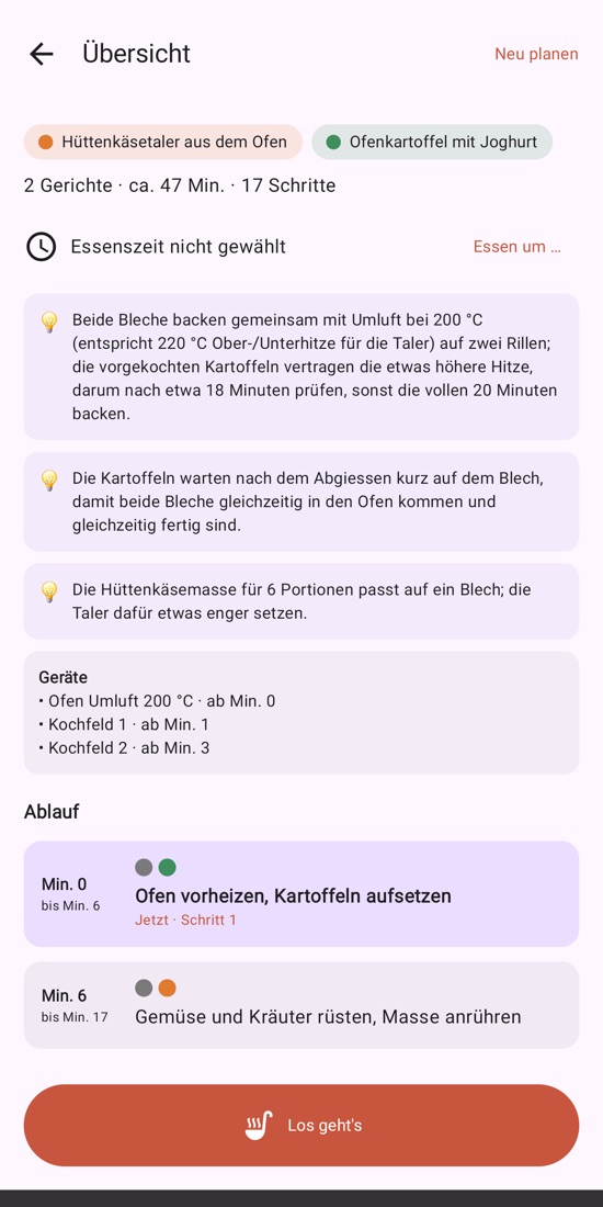Gemeinsamer Ablauf für zwei Gerichte mit Zeitleiste und Geräten